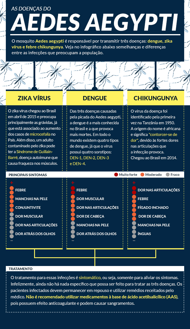 Infográfico "As doenças do Aedes aegypti": o mosquito transmite dengue, zika vírus e febre chikungunya. Zika — chegou ao Brasil em abril de 2015 e preocupa principalmente as grávidas, por estar associado ao aumento dos casos de microcefalia; um adulto contaminado pode ter a Síndrome de Guillain-Barré, doença autoimune que causa fraqueza nos músculos. Dengue — é a mais conhecida no Brasil e a que provoca mais mortes; o vírus tem quatro sorotipos, DEN-1 a DEN-4. Chikungunya — identificada na Tanzânia em 1950, tem nome de origem africana que significa "contorcer-se de dor", pelas fortes dores nas articulações; chegou ao Brasil em 2014. Principais sintomas, do mais forte ao mais fraco: na zika, febre, manchas na pele e conjuntivite, depois dor muscular, dor nas articulações e dor atrás dos olhos; na dengue, febre, dor muscular, dor nas articulações e dor de cabeça, depois manchas na pele e dor atrás dos olhos; na chikungunya, dor nas articulações, febre e fígado inchado, depois dor de cabeça, manchas na pele e ínguas. Tratamento — é sintomático, apenas para aliviar os sintomas, com repouso e remédios receitados pelo médico; não é recomendado usar medicamentos à base de ácido acetilsalicílico (AAS), que têm efeito anticoagulante e podem causar sangramentos.