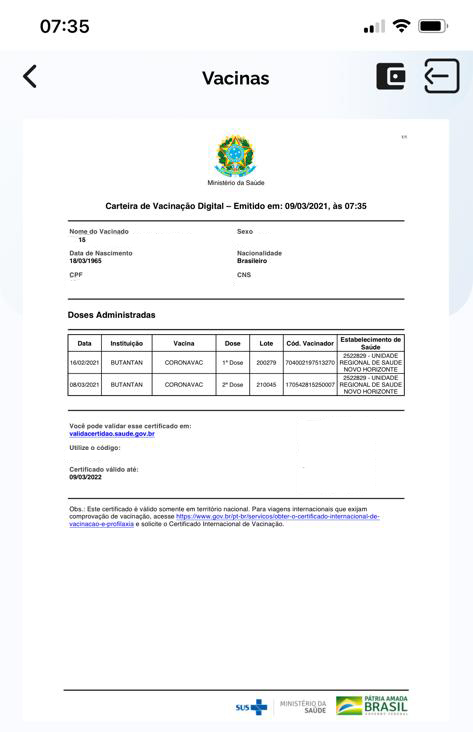 Captura do aplicativo Conecte SUS mostrando a Carteira de Vacinação Digital: cabeçalho do Ministério da Saúde, os campos de identificação do vacinado e a tabela "Doses Administradas", com data, instituição, vacina, dose, lote, código do vacinador e estabelecimento de saúde de cada aplicação. Abaixo, o endereço para validar o certificado e o aviso de que ele vale apenas em território nacional.