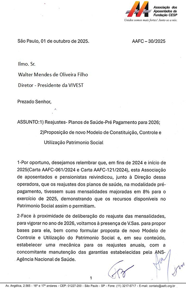 Proposta da AAFC para o reajuste dos planos de saúde da Vivest