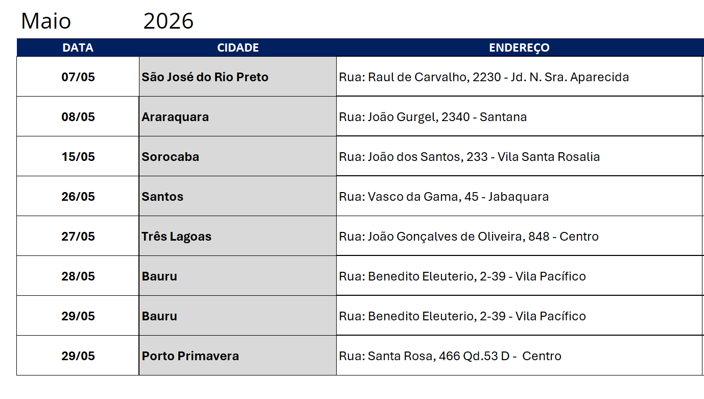 Tabela do atendimento itinerante da Vivest em maio de 2026, com data, cidade e endereço de cada visita — o mesmo conteúdo da tabela reproduzida no texto.